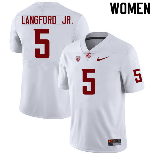 Women #5 Derrick Langford Jr. Washington State Cougars College Football Jerseys Sale-White - Click Image to Close